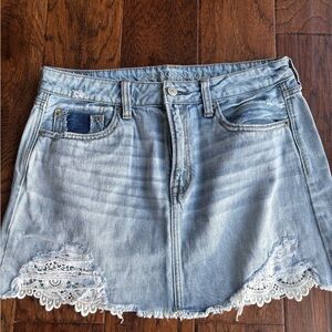 American Eagle Outfitters Light Blue Denim Mini Skirt with Lace Hem